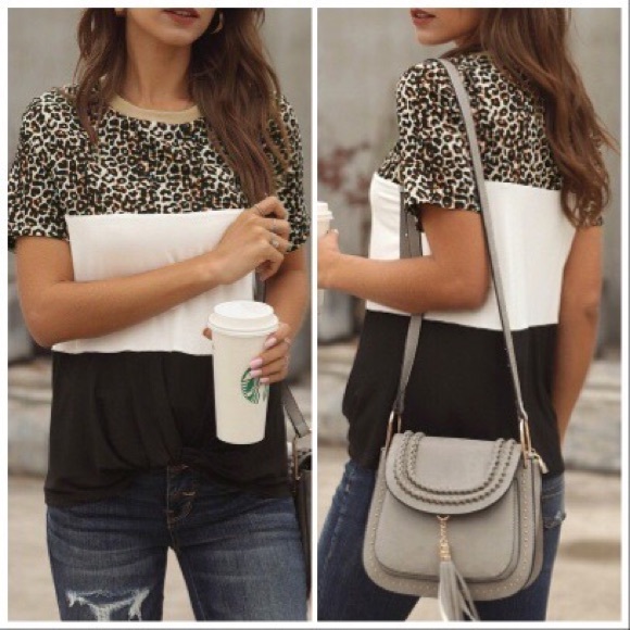 Cream/Pink Color Block Leopard Top